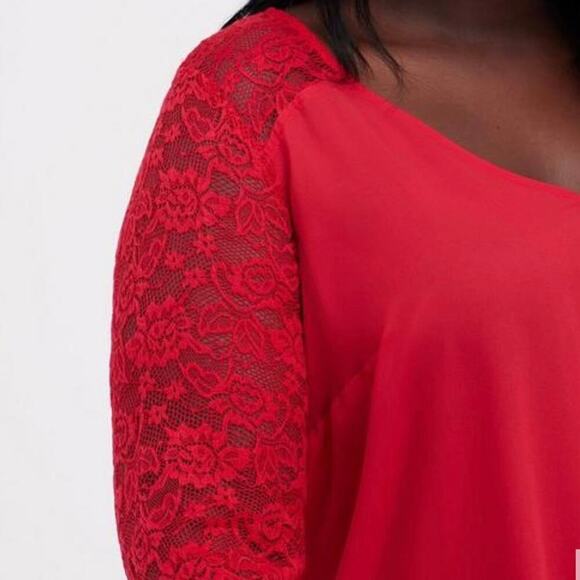TORRID PLUS 4X 26 Georgette V Neck Lace Sleeve Blouse Top Jester Red NWT Flawed - Picture 9 of 15